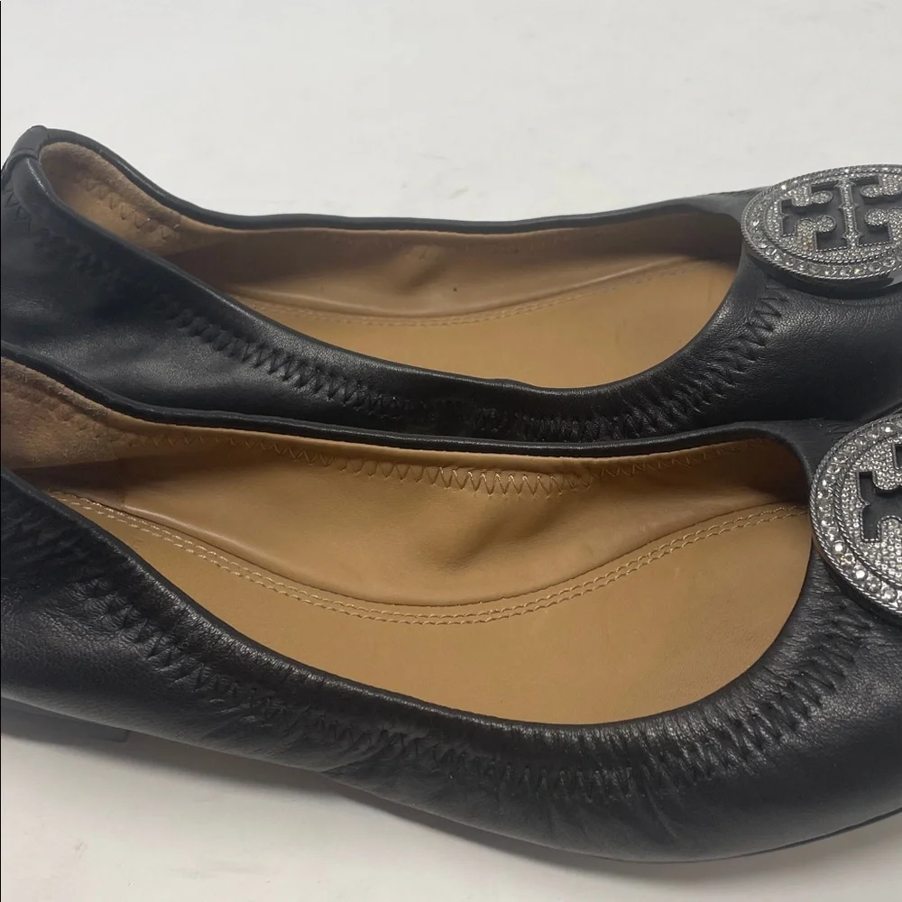 Tory Burch Black Ballet Flats with Silver Rhinestone Logo Size 6.5
